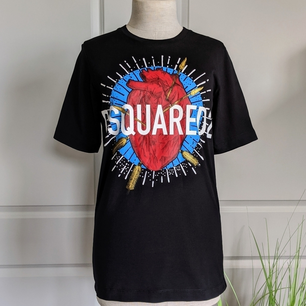 DSQUARED2 Tee Anatomical Heart Graphics Short Sleeve Rounded Collar Black M NWT